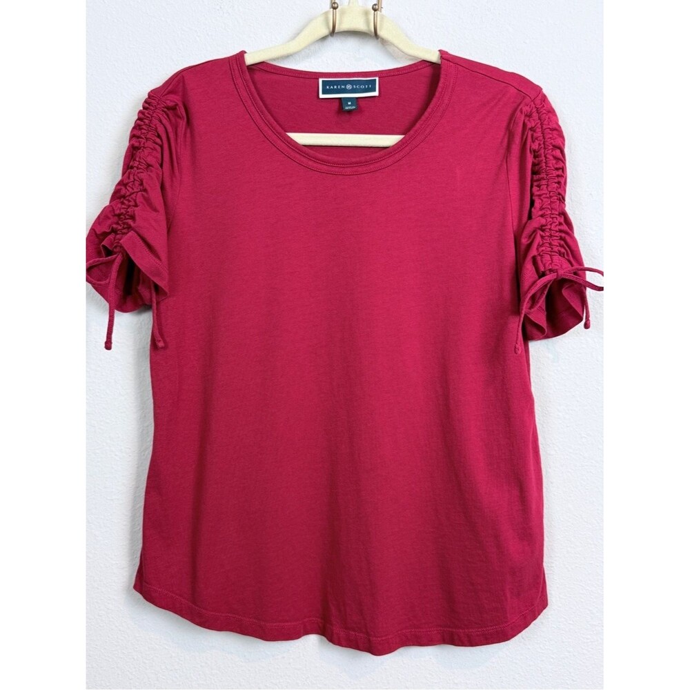 Karen Scott Red Ruched-Shoulder Short Sleeve Tee M